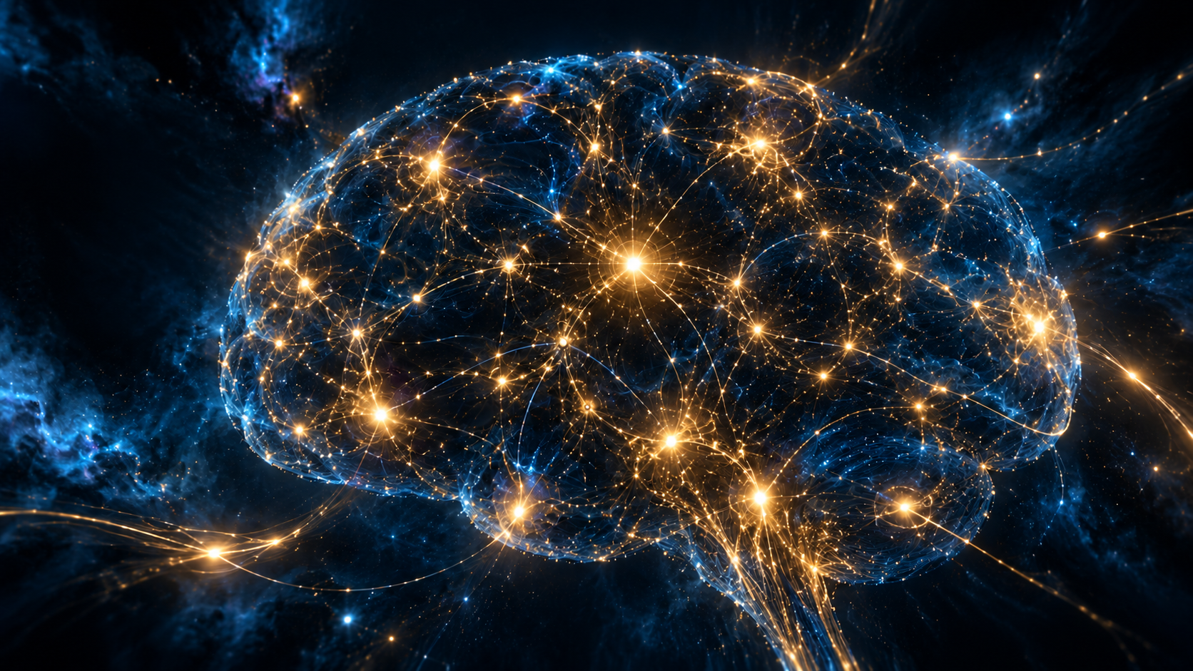 Un cerveau cosmique tissé de filaments bleus et de connexions dorées